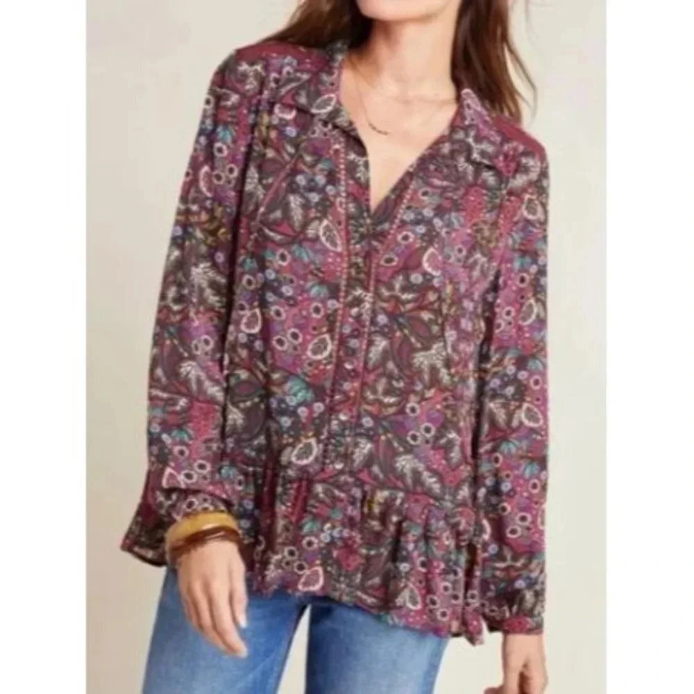 Anthropologie Maeve Janie Flounced Peasant Blouse Floral Leaf Print Tie Neck-sz